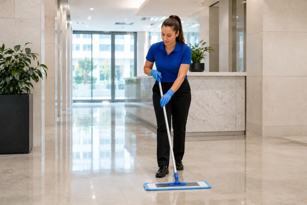 Office cleaner cleaning the floor in a legal reception in Subiaco