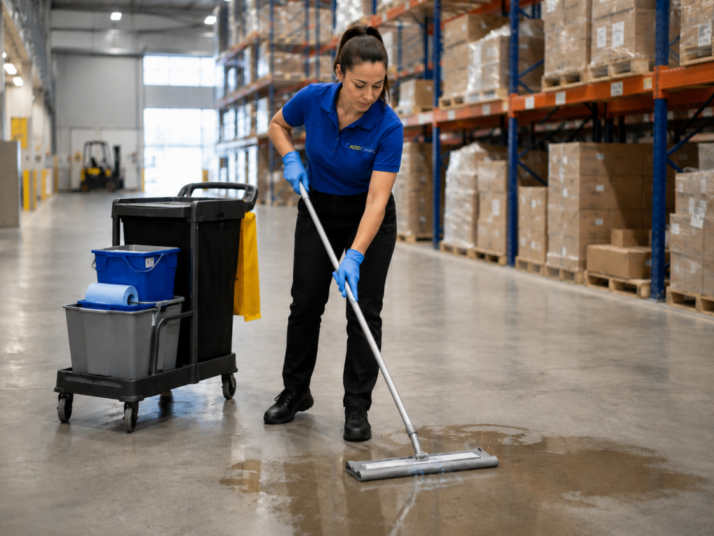 Floor cleaning in a busy Stirling logistics warehouse